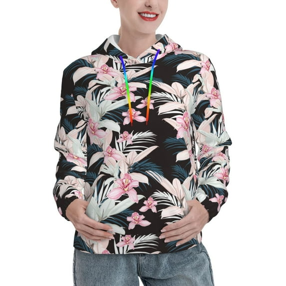 Salouo Orchids Flowers Pattern Hoodie Sweatshirts for Women, Autumn Pullover Hoodie Workout Sweat Women's Long Sleeve Preppy Sweatshirts-Small