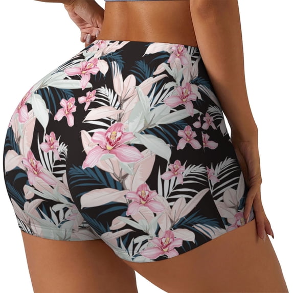 Salouo Orchids Flowers Print Women's Athletic Shorts,Booty Shorts Biker Shorts High Waisted Elastic Workout Shorts for Yoga Gym Running Sports-Large