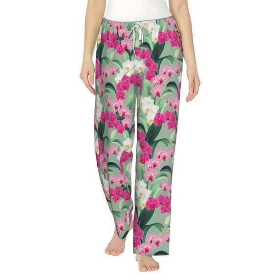 Salouo Orchids Flowers Print Women's Pajama Pants Casual Loose Sweatpants PJs Flowy Pants Drawstring Palazzo for Women Wide Leg Pants Lounge Pajama -Small