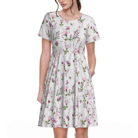 Salouo Orchids Flowers for Women's Short Sleeve Summer Dress, Pleated Loose Swing Knee Length Dresses with Pockets