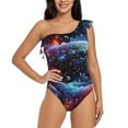 thumbnail image 1 of Salouo Outer Space Floating Numbers And Letters Pattern One Shoulder Ruffled One Piece Swimsuit for Women V Neck Swimwear Tummy Control Bathing Suit-Medium, 1 of 6