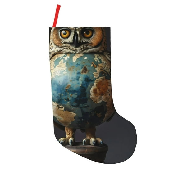 Salouo Owl Globe Sculpture Print Christmas Decorations Stockings 1 Pack 18'' Xmas Stockings Holiday Stocking Personalized Farmhouse Decor for Home Family Party Tree