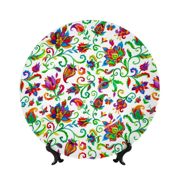 Salouo Paisley Pattern Bone China Decorative Plate,Holiday Decor Decorative Ceramic Plates with Stand Elegant Home DéCor for Hallway/Living Room/Bedroom-6in