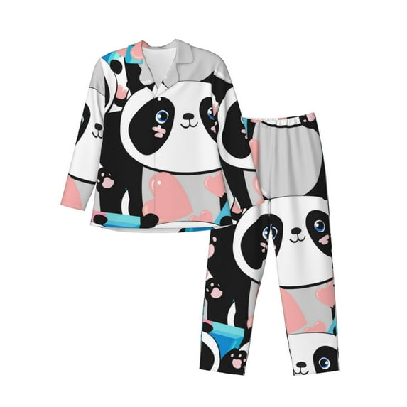 Salouo Panda Cute Pink Hearts Print Button-Front Long Sleeve Pajama Set for Men, Soft 2Pjs Men's Long Sleeve Sleepwear-XX-Large