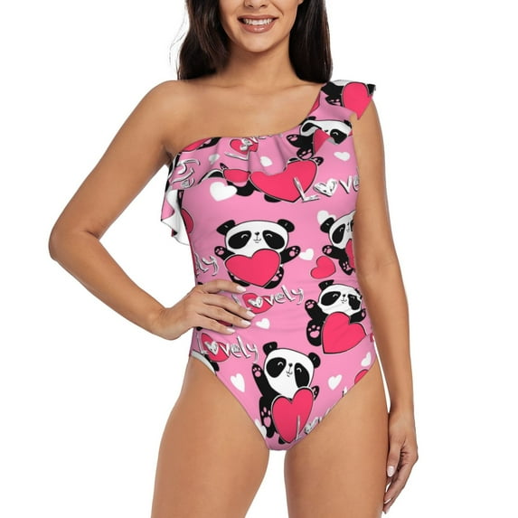 Salouo Panda Heart Valentine Pink Pattern One Shoulder Ruffled One Piece Swimsuit for Women V Neck Swimwear Tummy Control Bathing Suit-XX-Large
