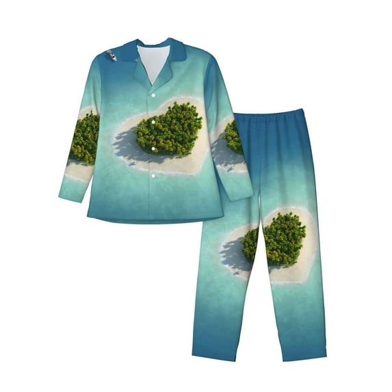 Salouo Paradise Island Print Button-Front Long Sleeve Pajama Set for Men, Soft 2Pjs Men's Long Sleeve Sleepwear-Small