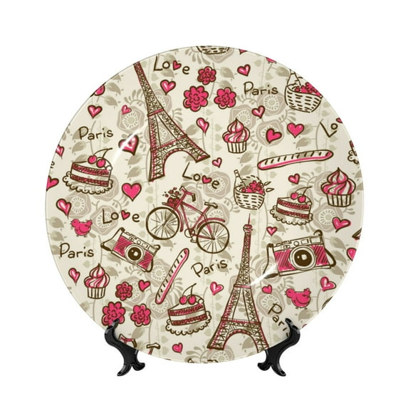 Salouo Paris Vintage Pattern Bone China Decorative Plate,Holiday Decor Decorative Ceramic Plates with Stand Elegant Home DéCor for Hallway/Living Room/Bedroom-6in