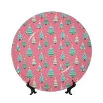 Salouo Pastel Christmas Trees on Pink Pattern Bone China Decorative Plate,Holiday Decor Decorative Ceramic Plates with Stand Elegant Home DéCor for Hallway/Living Room/Bedroom-6in