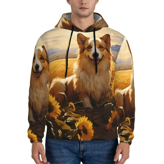Salouo Pastoral Sunflower Corgi Pattern Men's Fall Hoodie Sweatshirt,Sport Hoodie with Pockets for Men Pullover Casual Hooded Sweatshirt-Small