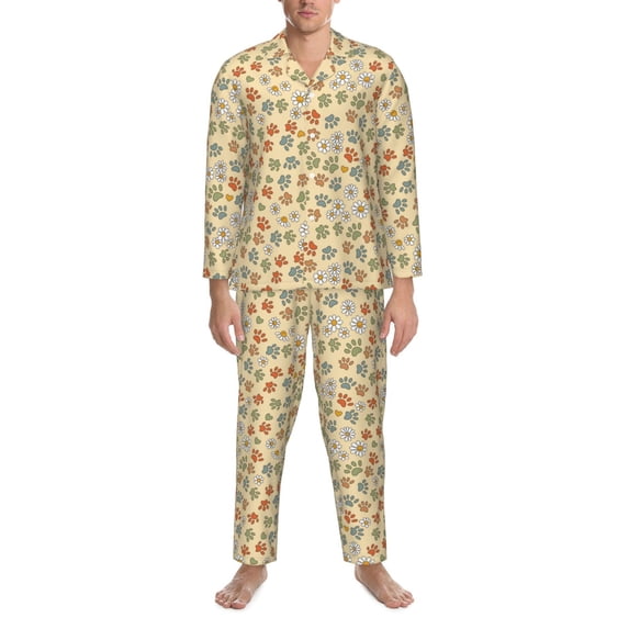 Salouo Paw In Groovy Style Print Button-Front Long Sleeve Pajama Set for Men, Soft 2Pjs Men's Long Sleeve Sleepwear -XX-Large