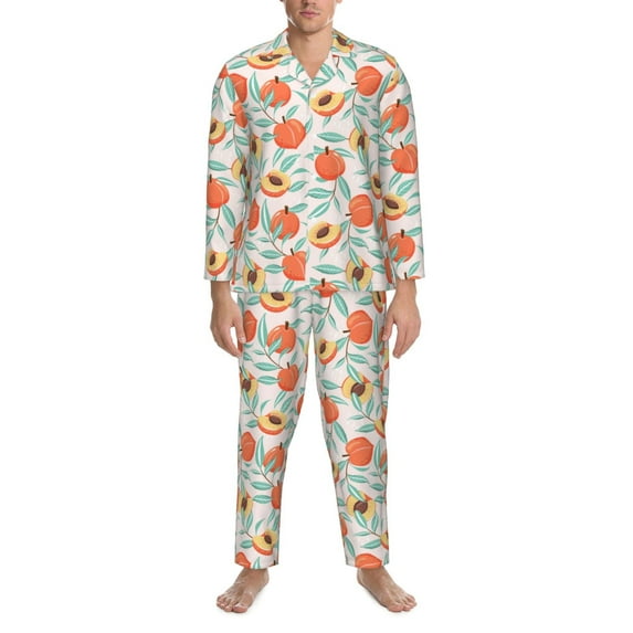 Salouo Peach Print Button-Front Long Sleeve Pajama Set for Men, Soft 2Pjs Men's Long Sleeve Sleepwear -Large