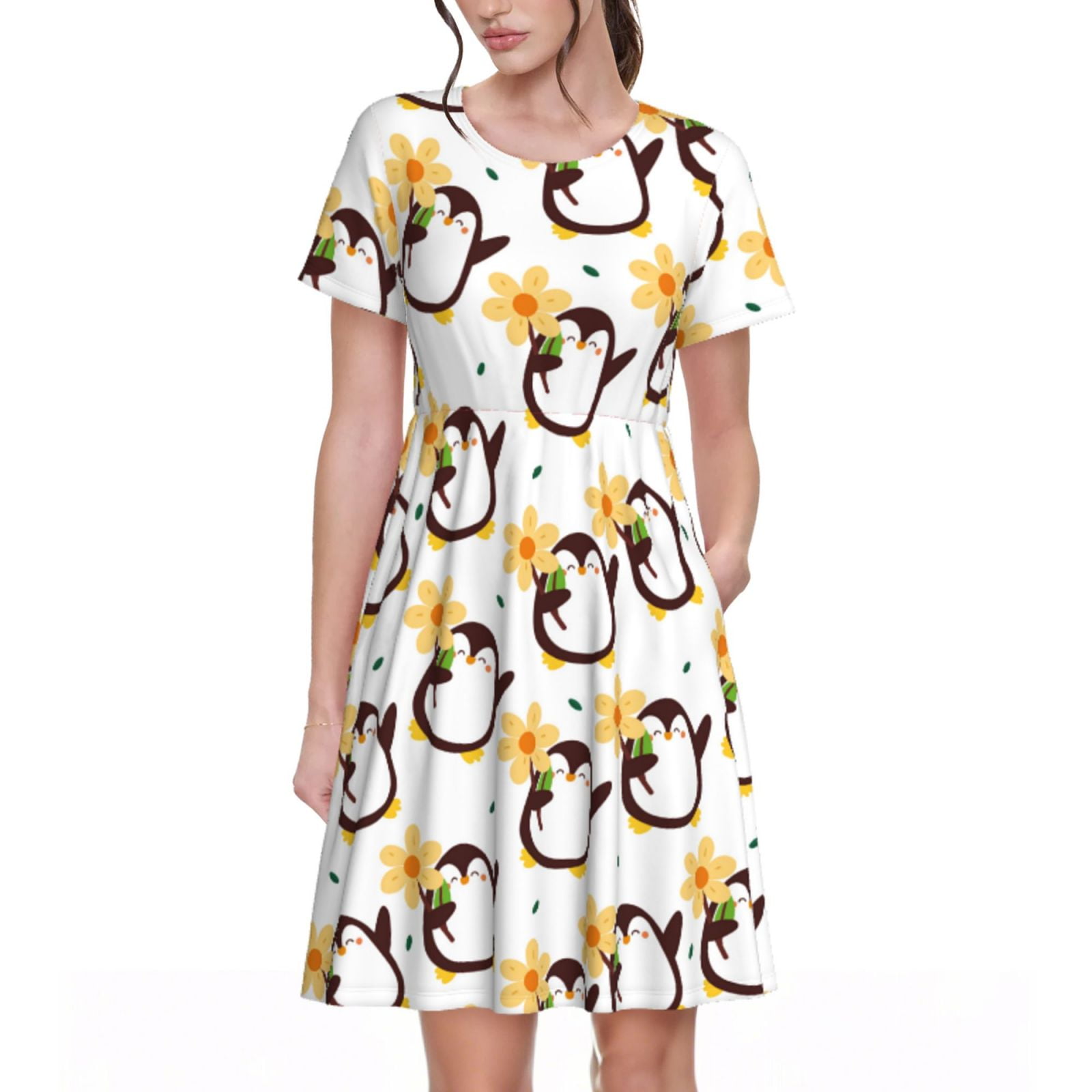 Salouo Penguin With Flowers for Women's Short Sleeve Summer Dress, Pleated Loose Swing Knee ...