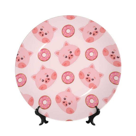 Salouo Pigs Head And Donuts Pattern Bone China Decorative Plate,Holiday Decor Decorative Ceramic Plates with Stand Elegant Home DéCor for Hallway/Living Room/Bedroom-10in