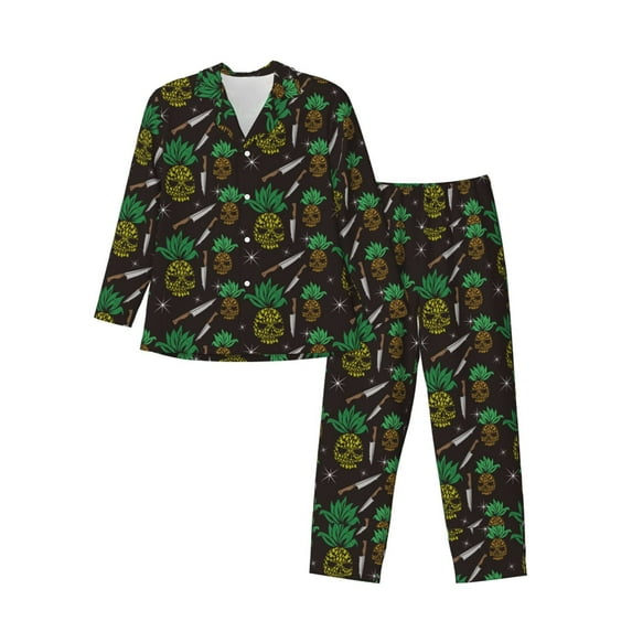 Salouo Pineapples Print Button-Front Long Sleeve Pajama Set for Men, Soft 2Pjs Men's Long Sleeve Sleepwear-Medium