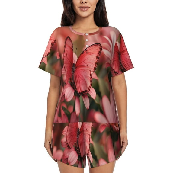 Salouo Pink Butterfly Pattern Short-Sleeved Pajama Set for Women,Round Neck Pajamas Short Sleeve Sleepwear Set Summer Pajamas Set Lounge Sets 2-Piece Pj-4X-Large