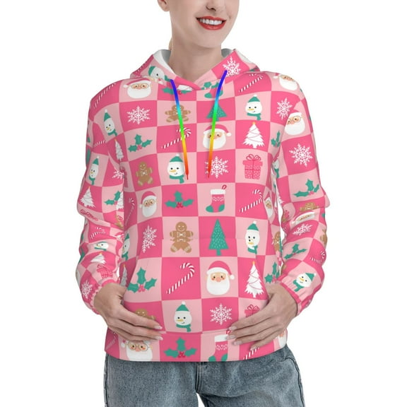 Salouo Pink Christmas Cheer Pattern Hoodie Sweatshirts for Women, Autumn Pullover Hoodie Workout Sweat Women's Long Sleeve Preppy Sweatshirts-Small