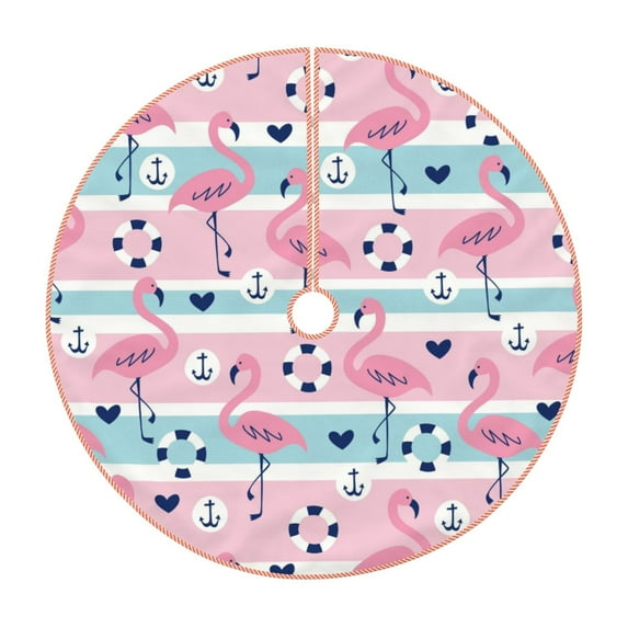 Salouo Pink Striped Flamingo Christmas Tree Skirt 48" Farmhouse Christmas Decorations Snowman Xmas Tree Skirt Tree Mat for Holiday Party Decor