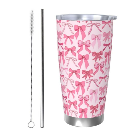 Salouo Pink bows Print 20oz Tumbler with Lid,Stainless Steel Vacuum Insulated Tumbler Durable Insulated Coffee Mug Thermal Cup with Splash Proof Sliding Lid-Straw Two-piece Set
