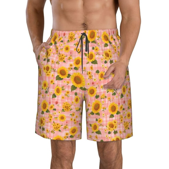 Salouo Plaid Sunflower Pattern Swim Trunks for Men,Men's Hawaiian Bathing Suit Swimsuits Quick Dry Swimming Board Shorts Beach Shorts with Pockets-Large