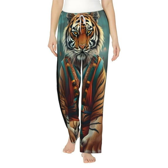 Salouo Pond Meditating Tiger Print Women's Pajama Pants Casual Loose Sweatpants PJs Flowy Pants Drawstring Palazzo for Women Wide Leg Pants Lounge Pajama -Large