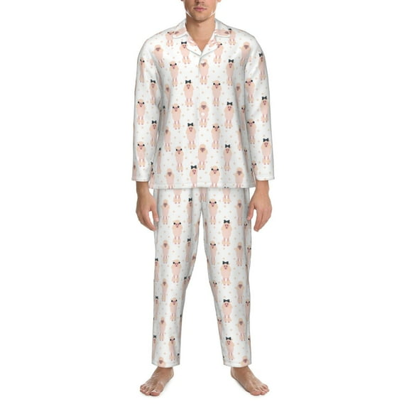 Salouo Poodle Dog Print Button-Front Long Sleeve Pajama Set for Men, Soft 2Pjs Men's Long Sleeve Sleepwear -XX-Large