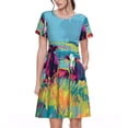 thumbnail image 1 of Salouo Pop Art Colorful Cows for Women's Short Sleeve Summer Dress, Pleated Loose Swing Knee Length Dresses with Pockets, 1 of 6