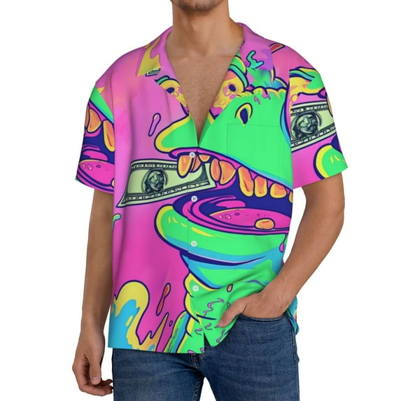 Salouo Psychedelic Cartoon Frog Pattern Cuban Collar Shirts for Men Button-Down Shirt Men's Short Sleeve Shirts Hawaiian Shirts Casual Shirts -3X-Large