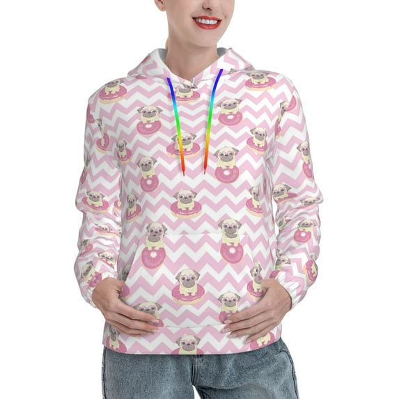 Salouo Pug And Donut Pattern Hoodie Sweatshirts for Women, Autumn Pullover Hoodie Workout Sweat Women's Long Sleeve Preppy Sweatshirts-Large