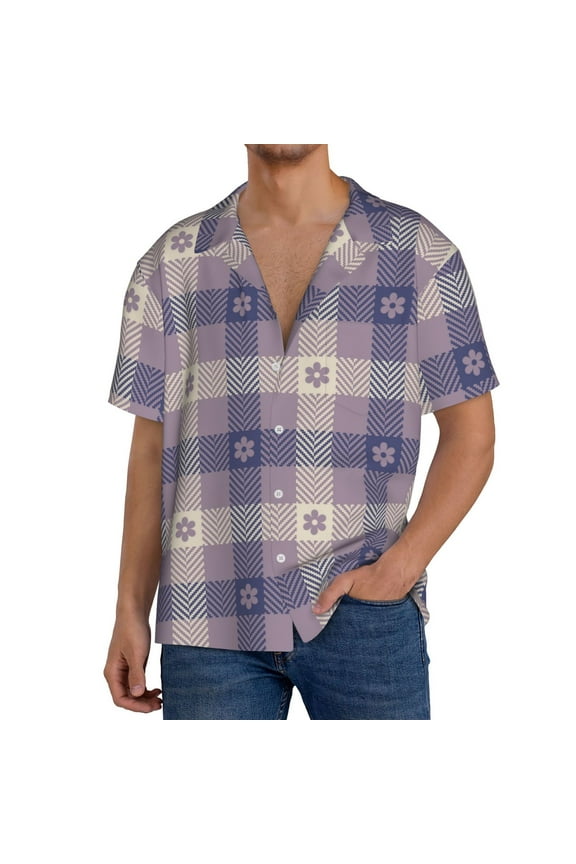 Purple Floral Gingham Check Plaid Pattern Cuban Collar Shirts for Men Button-Down Shirt Men's Short Sleeve Shirts Hawaiian Shirts Casual Shirts -XX-Large