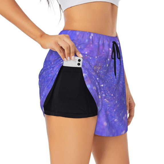 Salouo Purple Glitter Print Women's 2 in 1 Running Shorts Double-Layer Shorts Athletic Workout Gym Yoga Shorts Running Shorts for Women-XX-Large