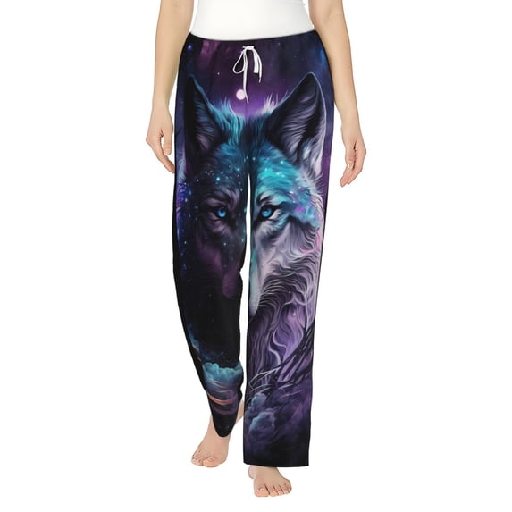 Salouo Purple Sky Wolf Print Women's Pajama Pants Casual Loose Sweatpants PJs Flowy Pants Drawstring Palazzo for Women Wide Leg Pants Lounge Pajama -XX-Large