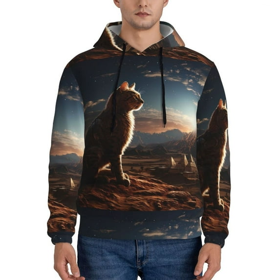 Salouo Pyramid Desert Cat Pattern Men's Fall Hoodie Sweatshirt,Sport Hoodie with Pockets for Men Pullover Casual Hooded Sweatshirt-4X-Large
