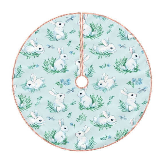 Salouo Rabbit And Dragonfly Christmas Tree Skirt 48" Farmhouse Christmas Decorations Snowman Xmas Tree Skirt Tree Mat for Holiday Party Decor