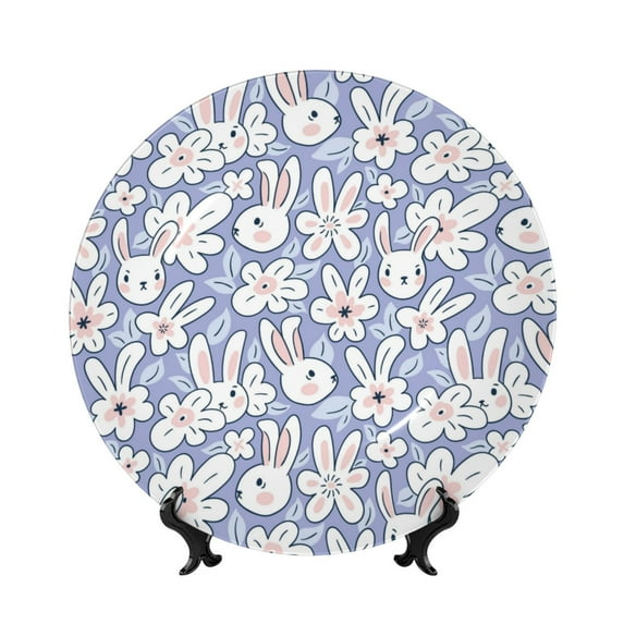 Salouo Rabbit And Floral Pattern Bone China Decorative Plate,Holiday Decor Decorative Ceramic Plates with Stand Elegant Home DéCor for Hallway/Living Room/Bedroom-7in