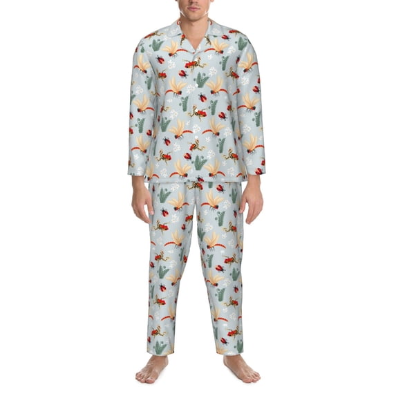 Salouo Ragonfly And Ladybug Print Button-Front Long Sleeve Pajama Set for Men, Soft 2Pjs Men's Long Sleeve Sleepwear -Medium