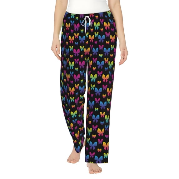 Salouo Rainbow Butterfly Print Women's Pajama Pants Casual Loose Sweatpants PJs Flowy Pants Drawstring Palazzo for Women Wide Leg Pants Lounge Pajama -Medium
