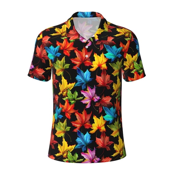 Salouo Rainbow Colorful Maple Leaves for Men's Short Sleeve Polo Shirts,Polo Shirts for Men Performance Short Sleeve Golf Shirt Athletic Casual Collared T-Shirt-Medium