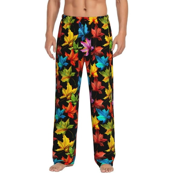 Salouo Rainbow Colorful Maple Leaves Print Pajama Pants for Men, Lounge Pants Elastic Waistband Casual Men's sleepwear Loungewear Sleep Pajama Pant -Large