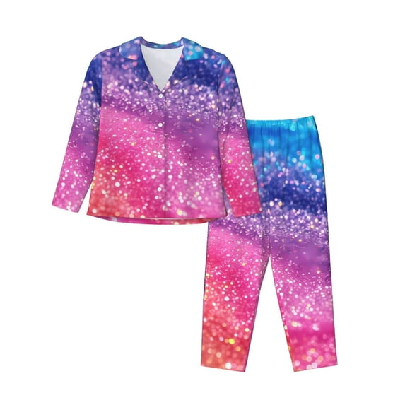 Salouo Rainbow Glitter Cute Pattern Women's Pajamas Set Long Sleeve Button Down Sleepwear Soft Pj Lounge Sets for women 2 Piece Pjs Set with Long Pants-Small