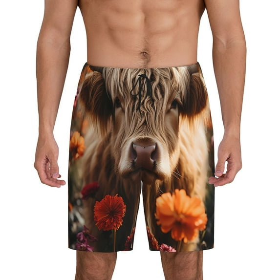 Salouo Realistic Flower Cow Pattern Men's Sleep Pajama Shorts,Pajama Bottoms Elastic Waistband Sleep Pajama Short PJ Shorts for Men -XX-Large