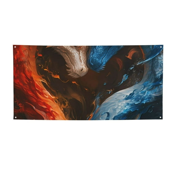 Salouo Red And Blue Fire Dragon F Pattern Holiday Banner Outside Party Decoration Banner (1PC) Festival Supplies Fit for Birthday Parties & Celebrations & Chrismas-Small