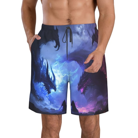 Salouo Red And Blue Fire Dragon Pattern Swim Trunks for Men,Men's Hawaiian Bathing Suit Swimsuits Quick Dry Swimming Board Shorts Beach Shorts with Pockets-Large