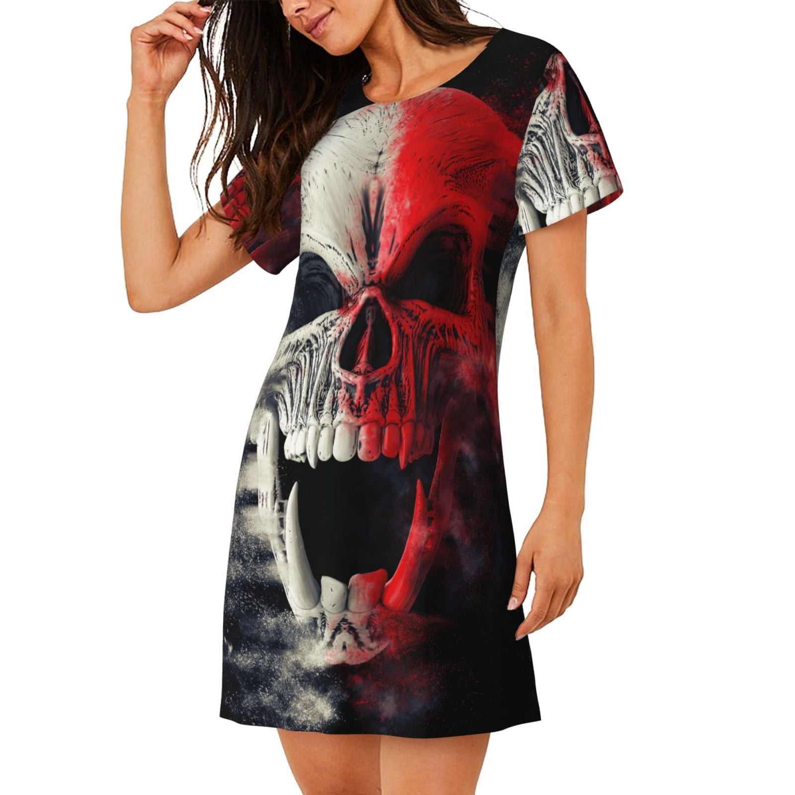 Skull Night Robe Salouo Red And White Screaming Demon Skull Print Short Sleeve ...