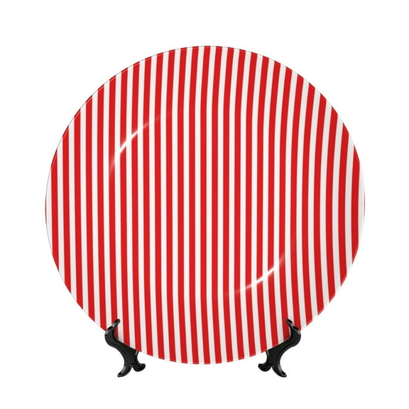 Salouo Red And White Stripes Pattern Bone China Decorative Plate,Holiday Decor Decorative Ceramic Plates with Stand Elegant Home DéCor for Hallway/Living Room/Bedroom-7in