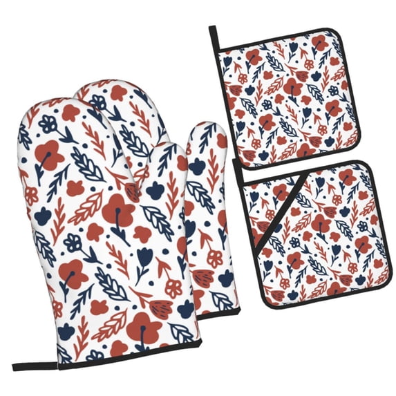 Salouo Red Blue Leaves for Oven Mitts and Potholders BBQ Gloves-Oven Mitts and Pot Holders Non-Slip Cooking Gloves for Cooking Baking Grilling (4-Piece Set)