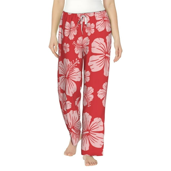 Salouo Red Hibiscus Flower Print Women's Pajama Pants Casual Loose Sweatpants PJs Flowy Pants Drawstring Palazzo for Women Wide Leg Pants Lounge Pajama -XX-Large