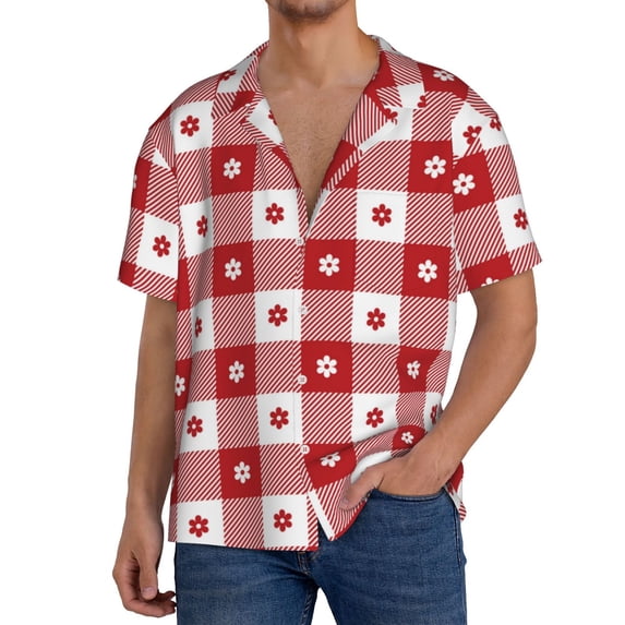 Salouo Red Plaid Daisy Pattern Cuban Collar Shirts for Men Button-Down Shirt Men's Short Sleeve Shirts Hawaiian Shirts Casual Shirts -4X-Large