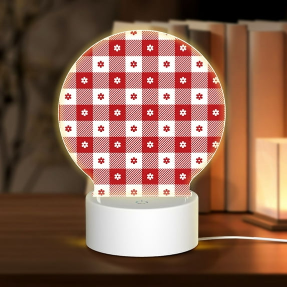 Salouo Red Plaid Daisy for Round Acrylic Night Light - Acrylic Sheets with LED Light Lamp Base - Decorative Night Lamp for Restaurant Bar Cafe Shop Room Decoration