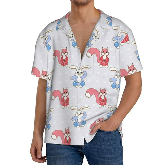 Salouo Red Squirrel And Blue Rabbit Pattern Cuban Collar Shirts for Men Button-Down Shirt Men's Short Sleeve Shirts Hawaiian Shirts Casual Shirts -X-Large