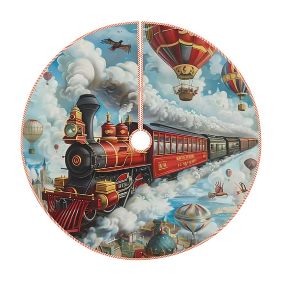 Salouo Red Train Hot Air Balloon Christmas Tree Skirt 48" Farmhouse Christmas Decorations Snowman Xmas Tree Skirt Tree Mat for Holiday Party Decor